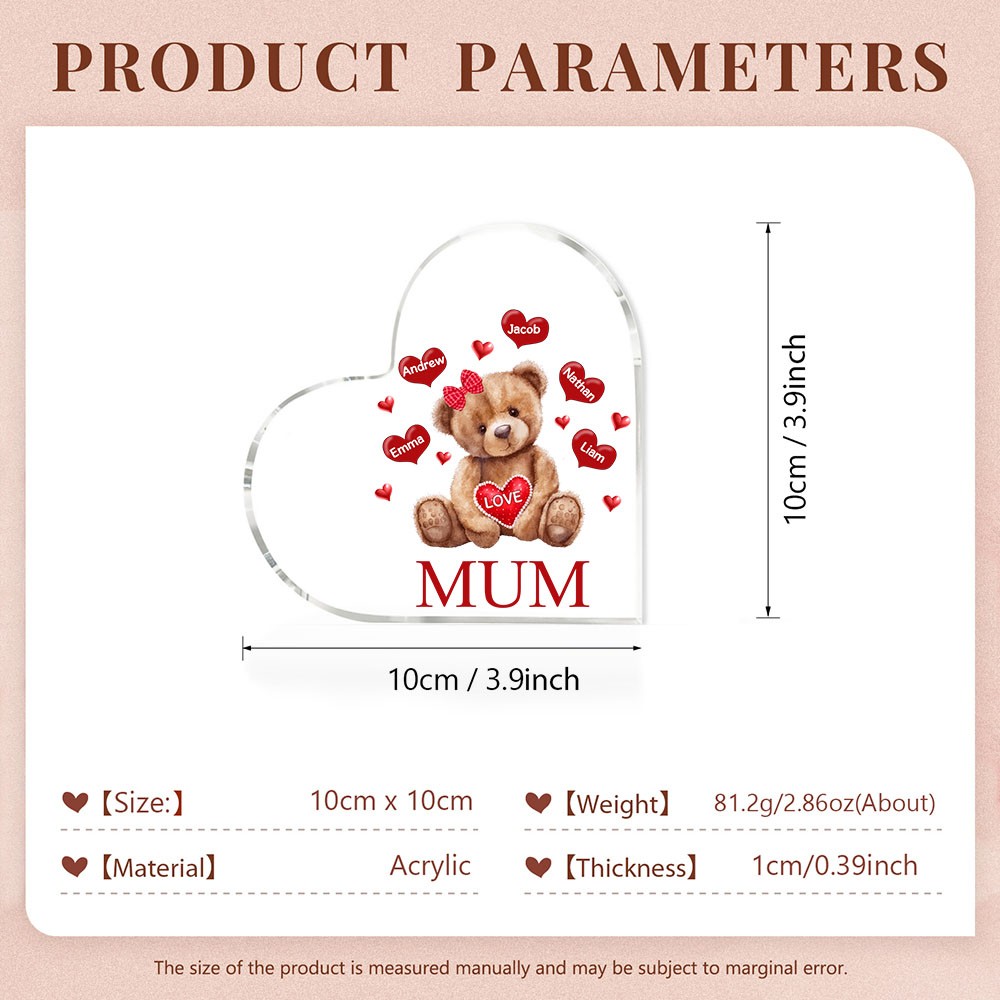 MAMMA Decorazione acrilica con orsacchiotto a forma di cuore 5 nomi e 2 testi personalizzati per mamma/nonna