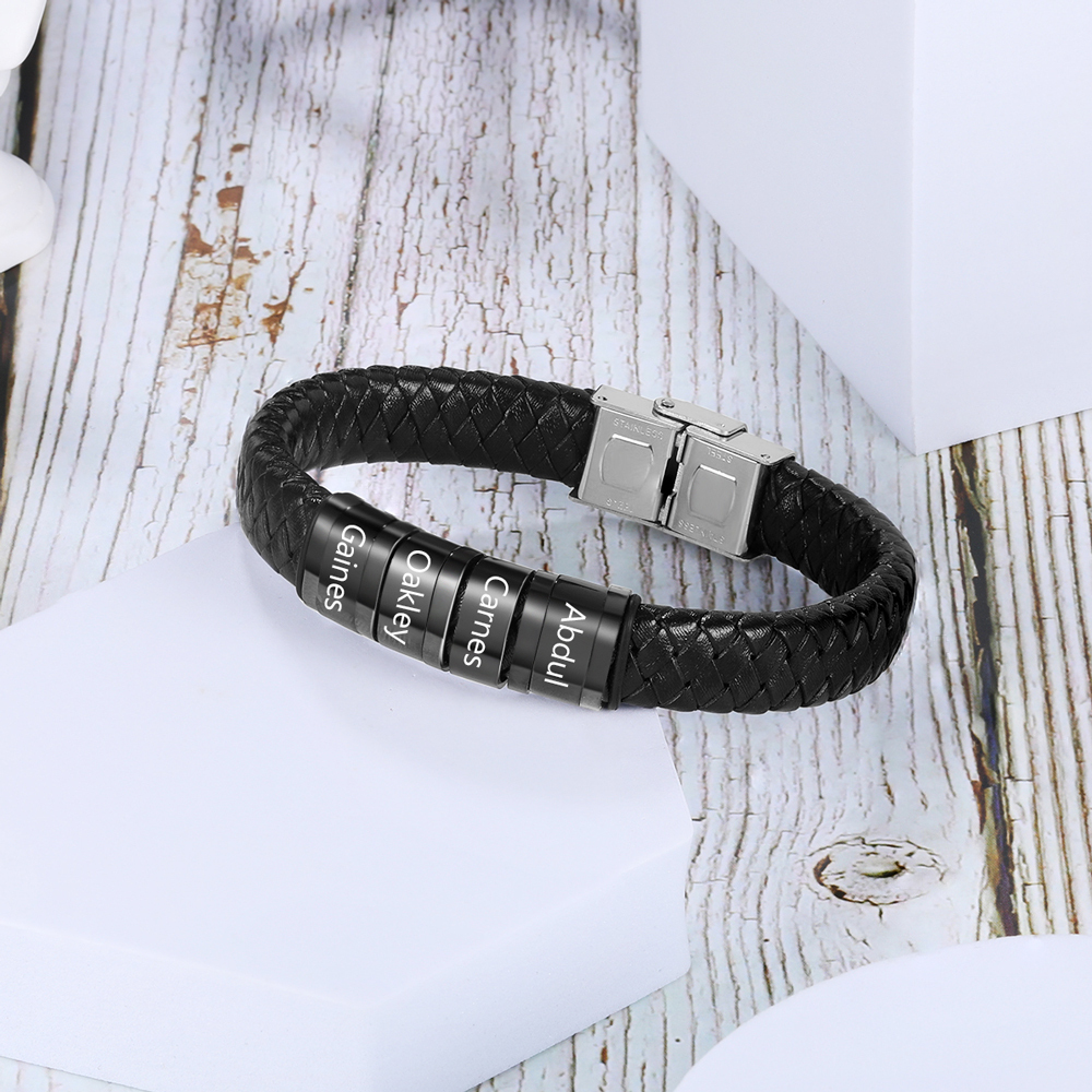 Braccialetto in pelle intrecciata Bracciale maschile con 4 perline e 4 nomi personalizzati