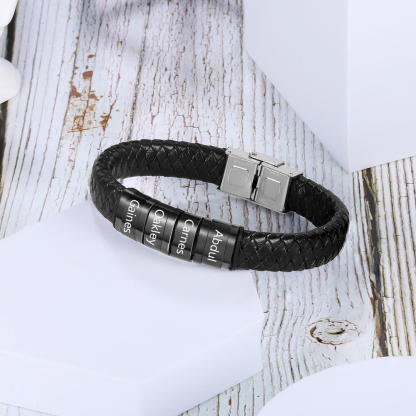Braccialetto in pelle intrecciata Bracciale maschile con 4 perline e 4 nomi personalizzati