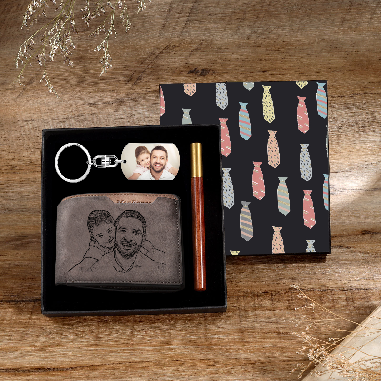 Personalized Leather Wallet Gift Box Set with Keychain Customizable 2 Photo,1 Text and 1 Date Wallet Gift for Him
