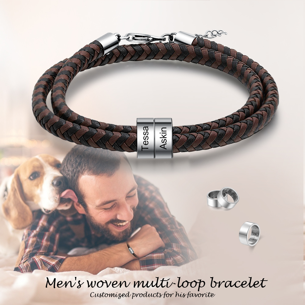 Braccialetto maschile in pelle intrecciata 2 nomi personalizzati