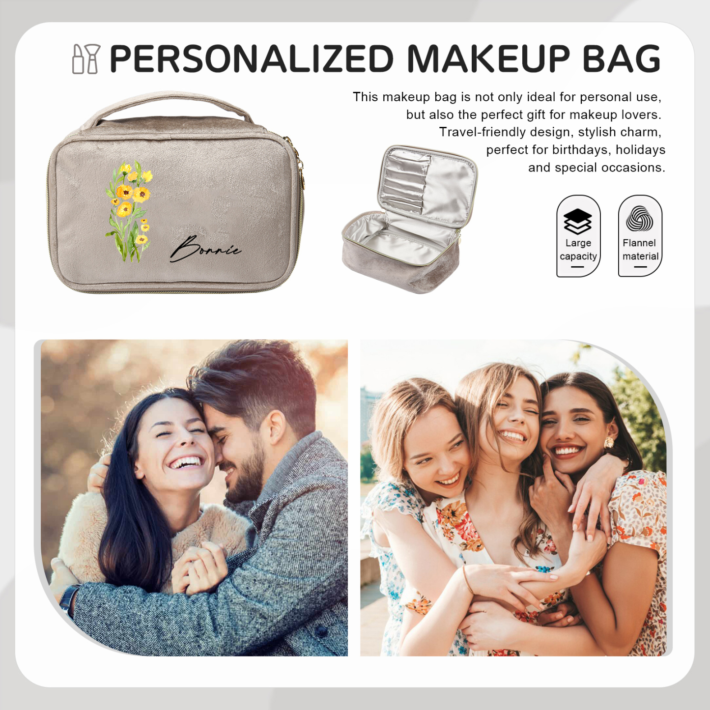 Borsa portabile per cosmetici in flanella per donna 1 nome e 1 fiore di nascita personalizzato multicolori da scegliere