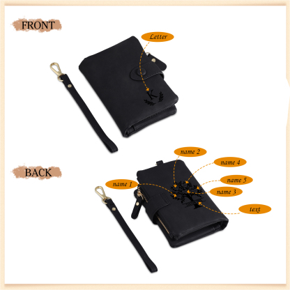 Portafoglio Albero della vita in PU pelle con 5 nomi & 1 testo & 1 lettera personalizzati per donna