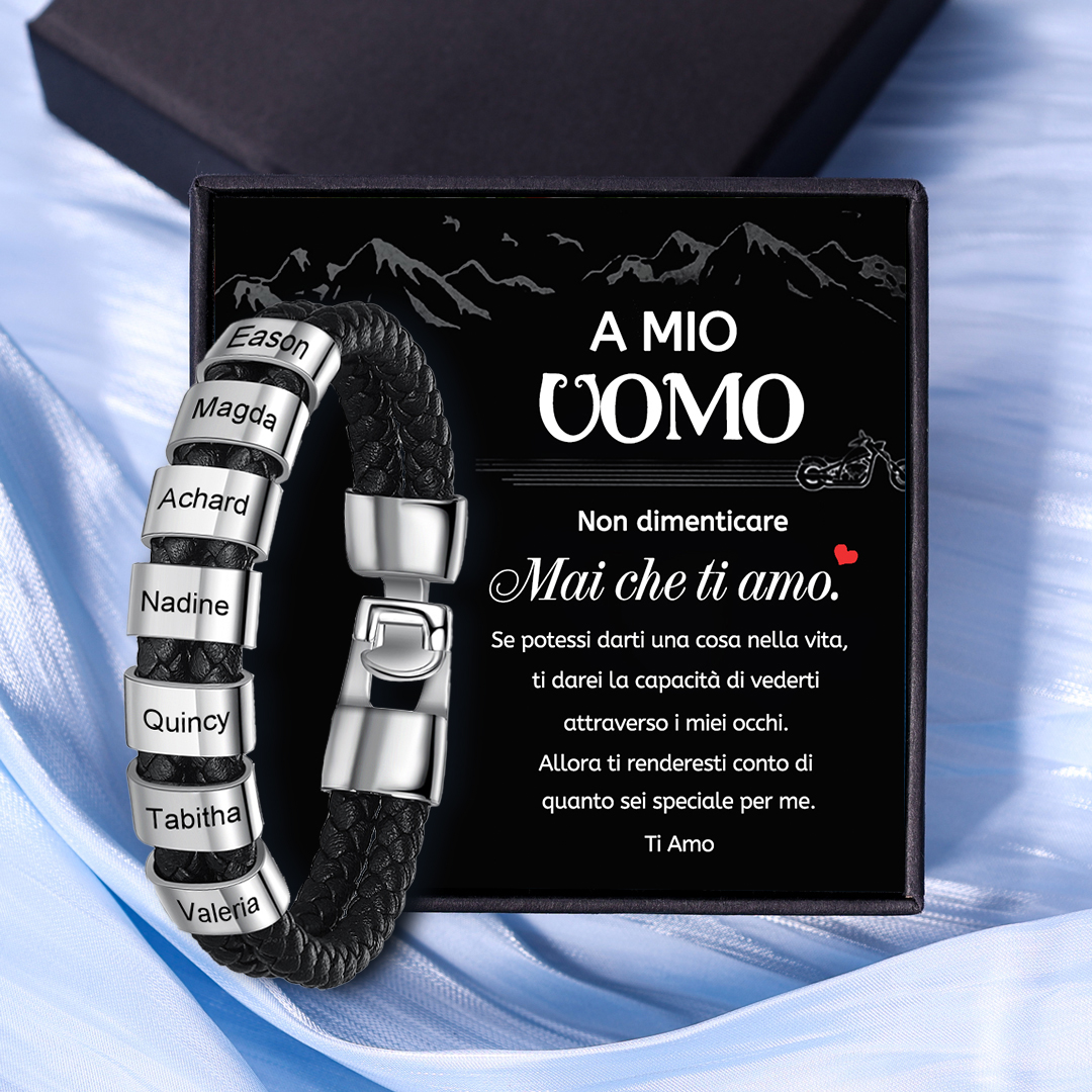 A MIO UOMO-Bracciale in pelle 7 nomi personalizzati regalo coppia