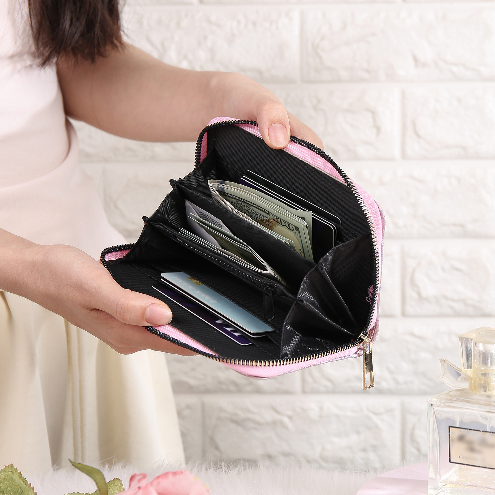 Portafoglio in PU pelle con 1 fiore di nascita & 1 nome personalizzati per mamma/nonna