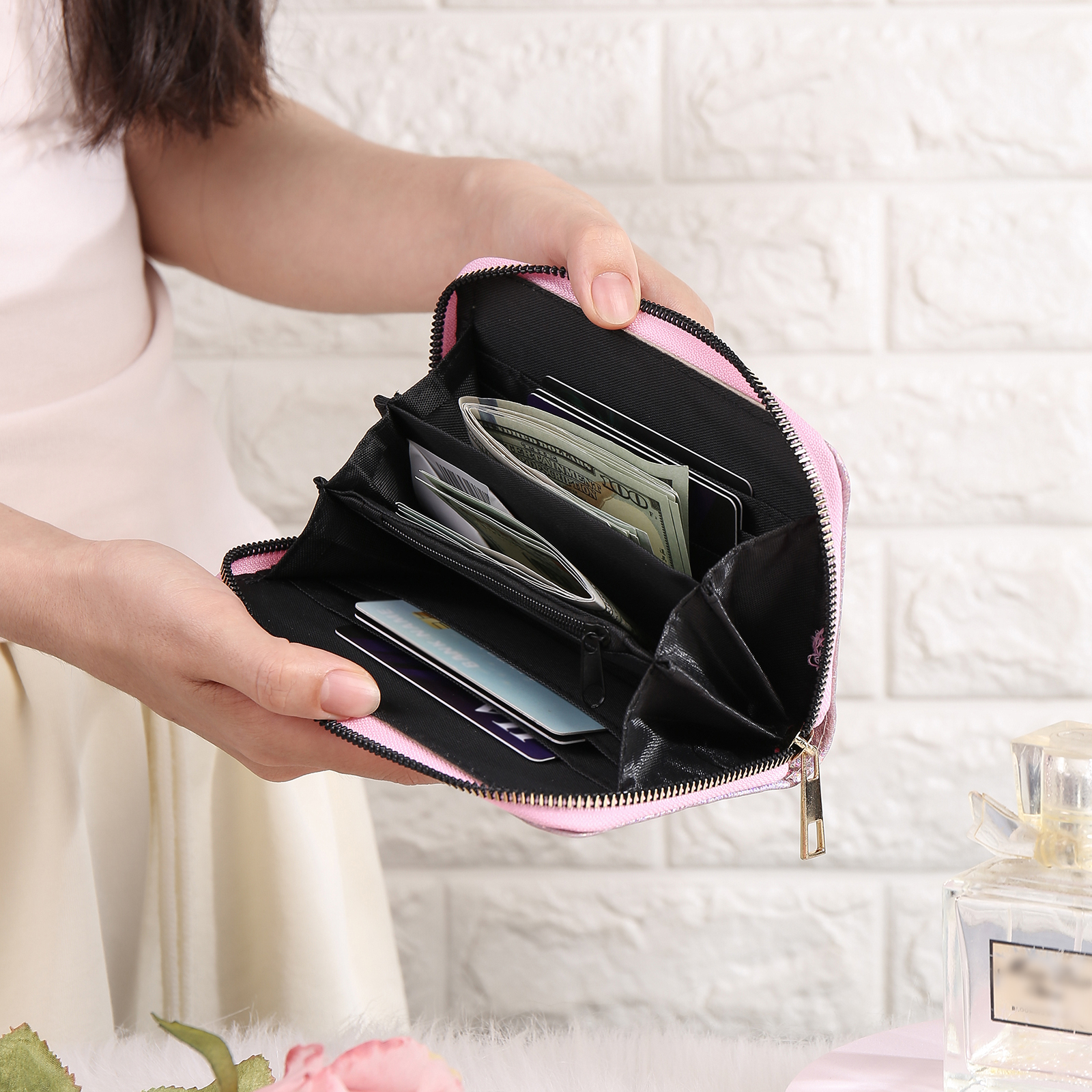 Portafoglio in PU pelle con 1 fiore di nascita & 1 nome personalizzati per mamma/nonna