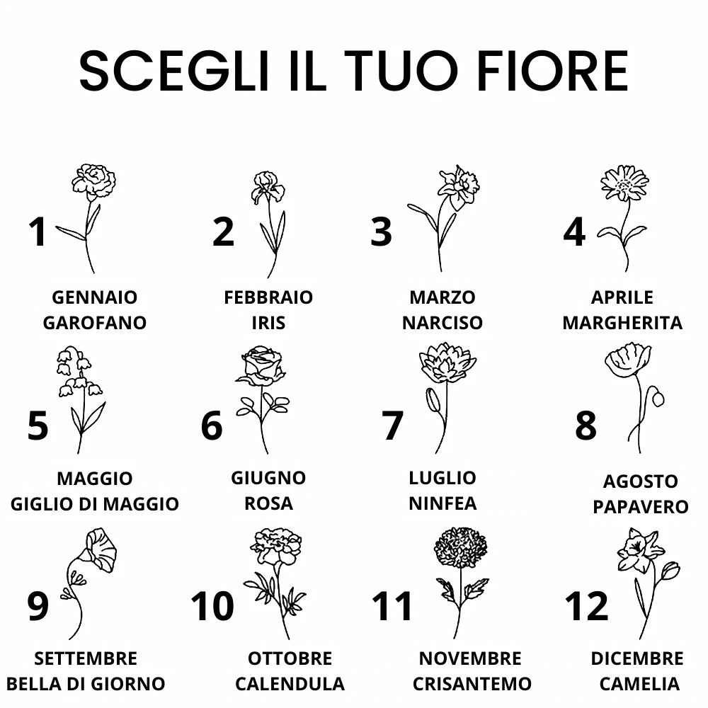 12 birth flowers for each month, perfect gift for your daughter, girlfriend, mother, with one name e birth stone customized.

12 fiori di nascita per ogni mese, regalo perfetto per la figlia, la fidanzata, la madre, con nome e pietra di nascita personalizzati.