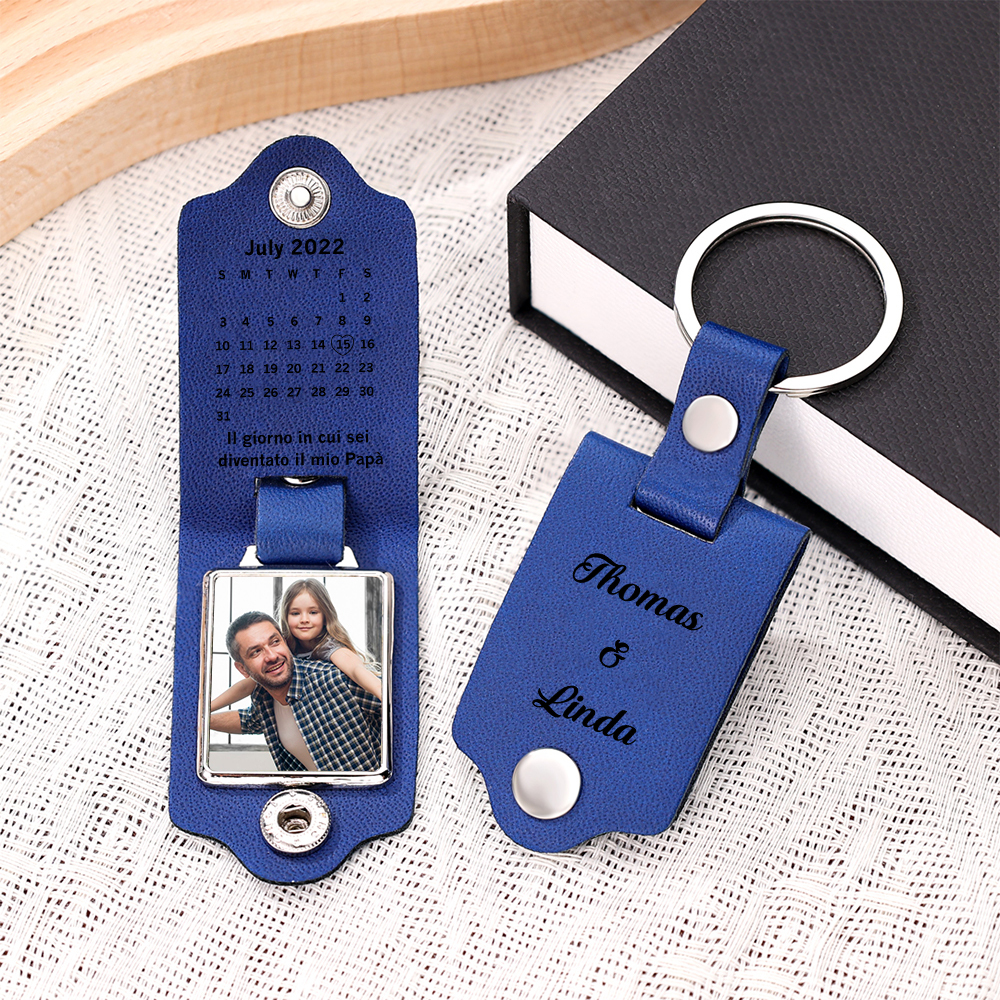 Portachiavi Pelle 1 foto e 1 data e 2 nomi personalizzabili regalo per Papà
