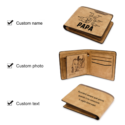 Portafoglio Pelle PU pelle pugno mano regalo per papà personalizzato 5 nomi 1 testo e 1 foto