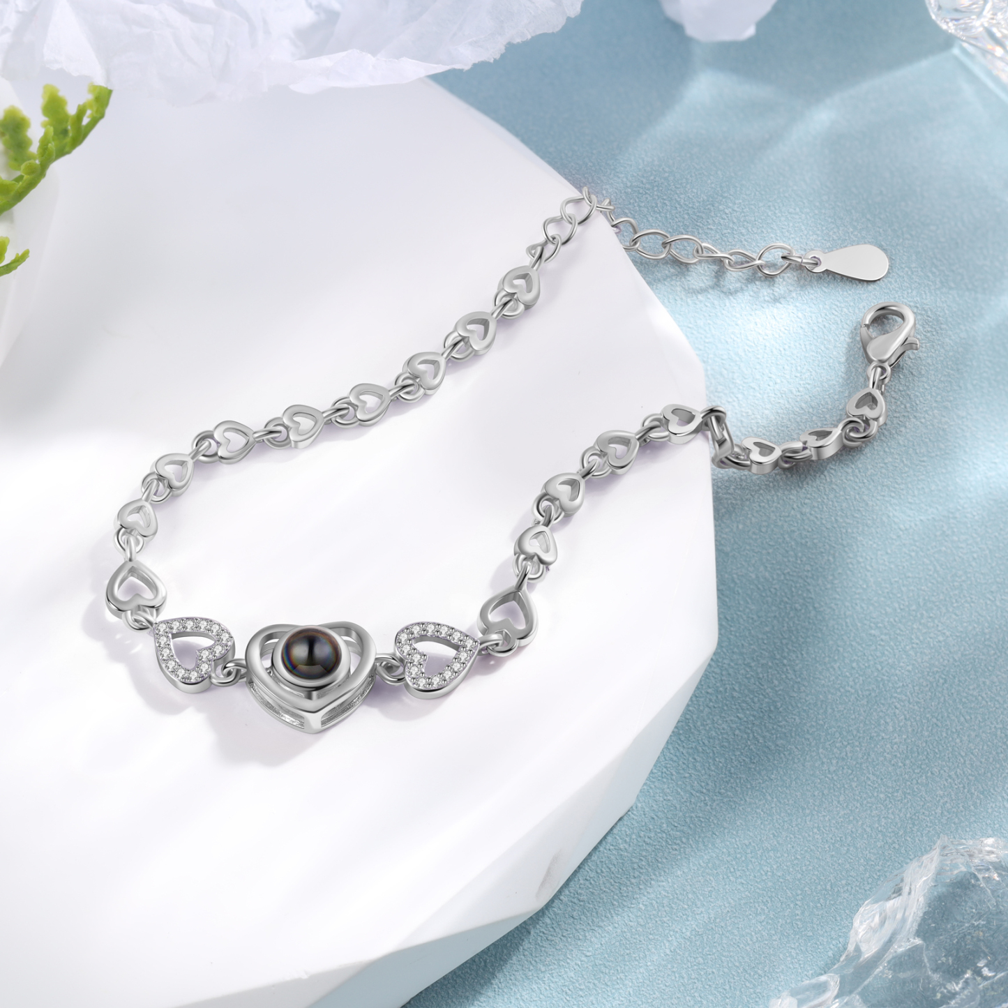 Bracciale argento con pietra cuore proiezione di foto colorato per coppia marito fidanzato con scatola premium