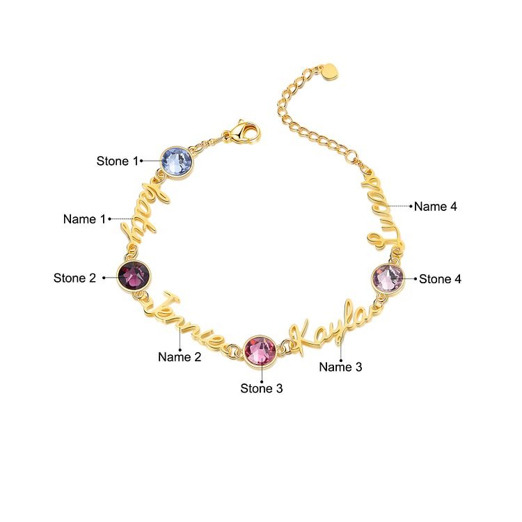 Braccialetto anello con 4 nomi e 4 pietre di nascita personalizzabili regalo per donna
