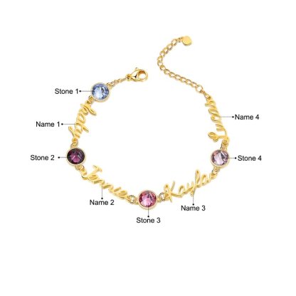 Braccialetto anello con 4 nomi e 4 pietre di nascita personalizzabili regalo per donna