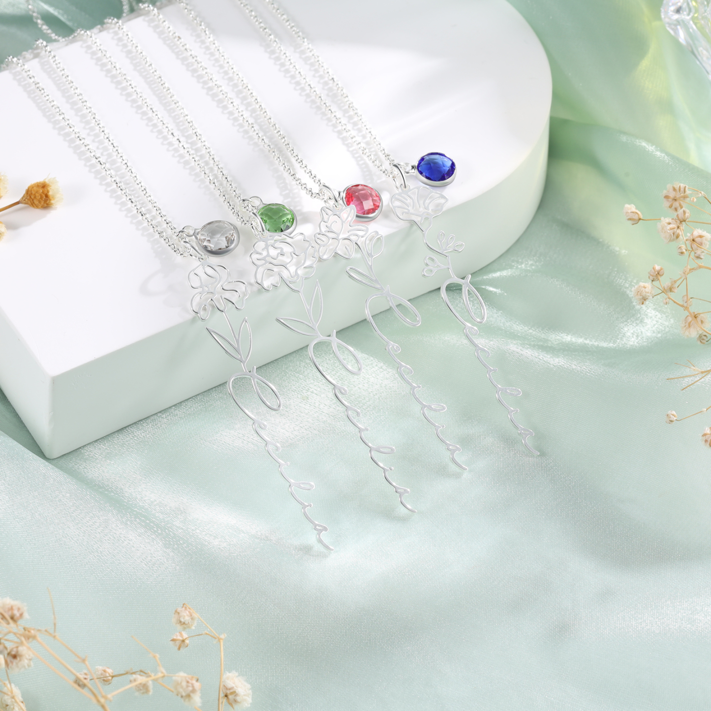 Collana 925 Argento Fiore elegante con 1 pietra di nascita e 1 nome e 1 fiore di nascita personalizzabili per donna