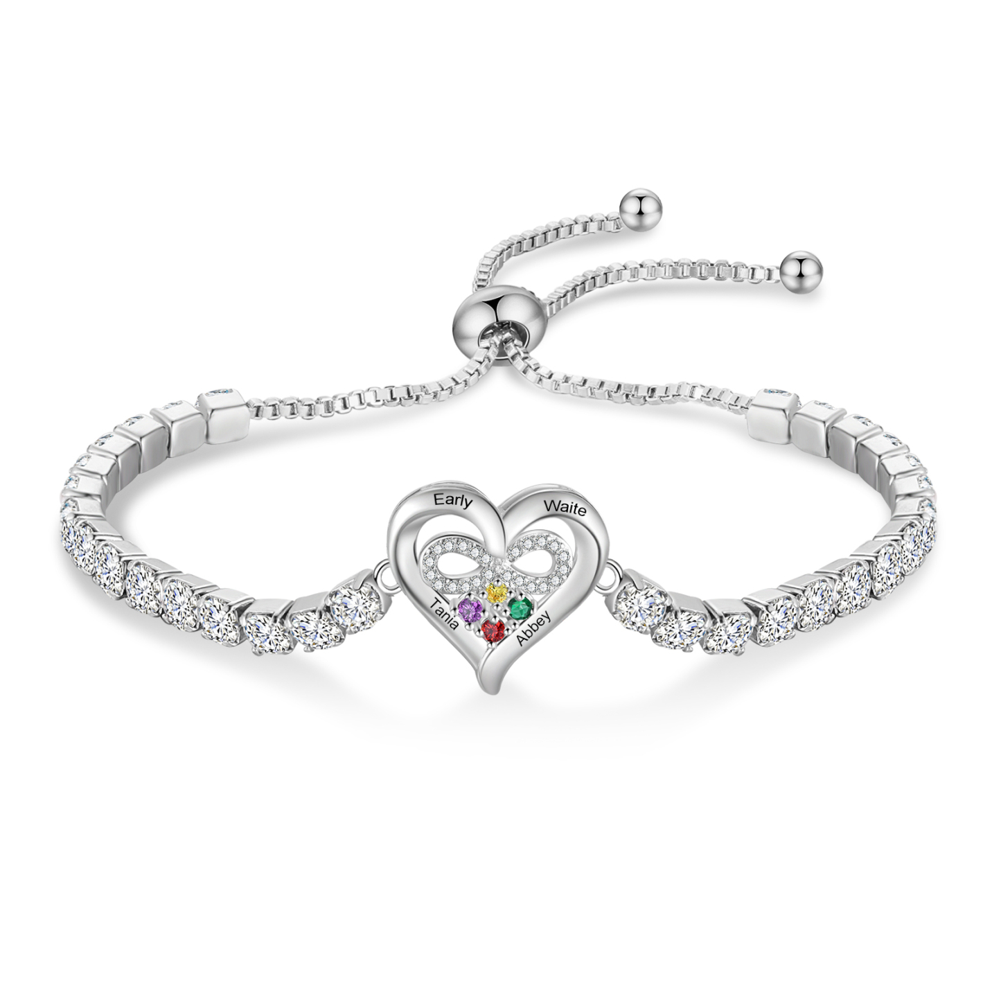Bracciale da tennis personalizzato con cuore infinito, nomi e pietre di nascita, regolabile con zirconi, regalo per donna