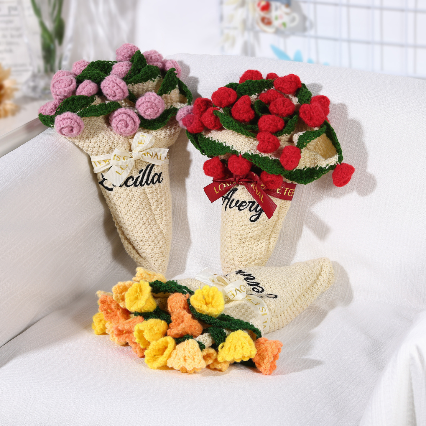 Coperta fatta a mano all'uncinetto con fiori personalizzati, nome personalizzato, regalo di compleanno per lei | Jessemade