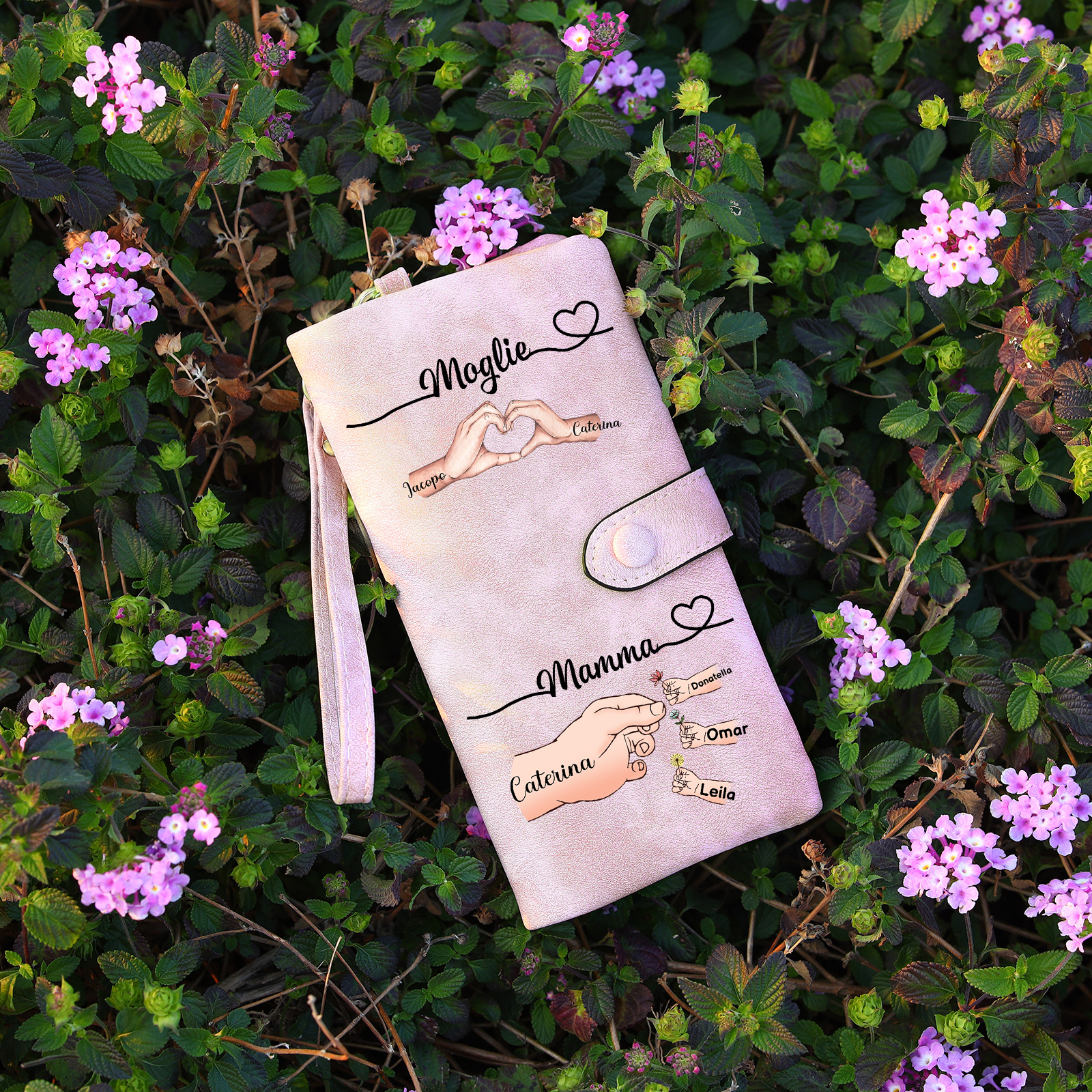 Portafoglio da donna personalizzato con mano e cuore e fino a 8 nomi dei figli, regalo per donna o mamma