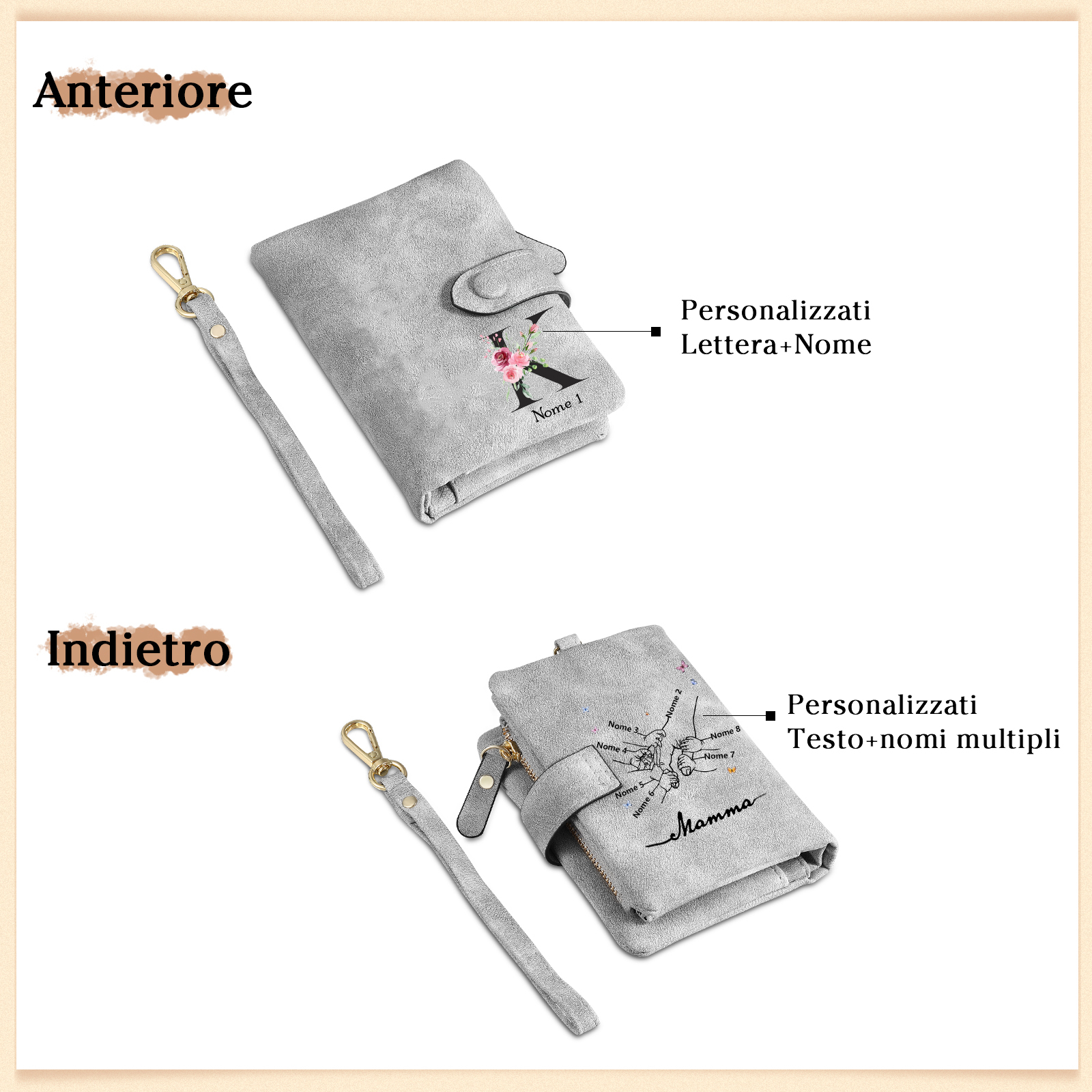 Portafoglio mano nella mano in PU pelle con 8 nomi & 1 testo & 1 lettera personalizzati per mamma