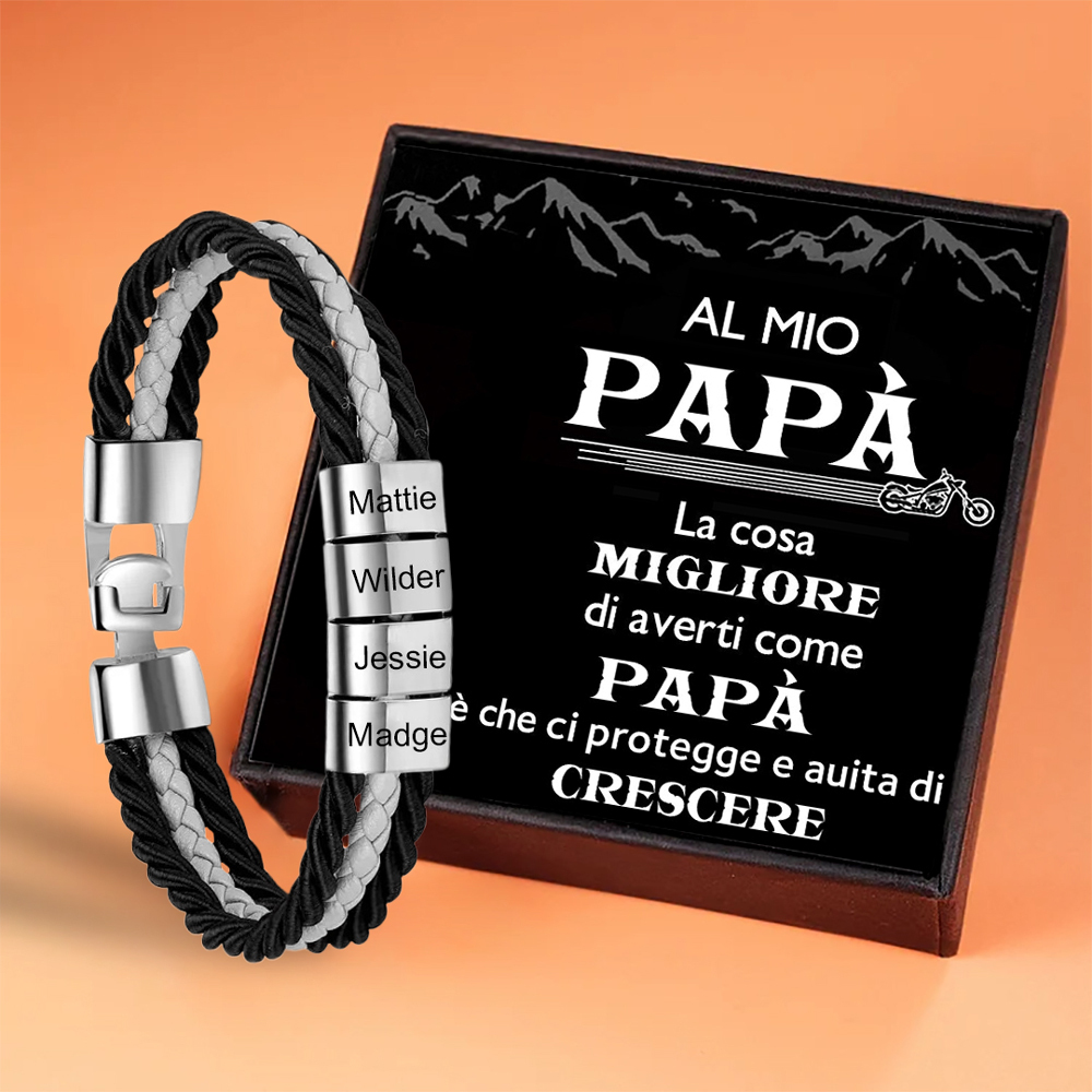 Bracciale Uomo Personalizzato in Pelle – Incisione 4 Nomi – Regalo Elegante per Papà o Lui | Jessemade