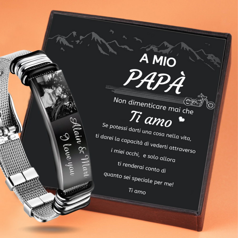 A MIO PAPÀ - Braccialetto maschile personalizzato con 2 testi e foto