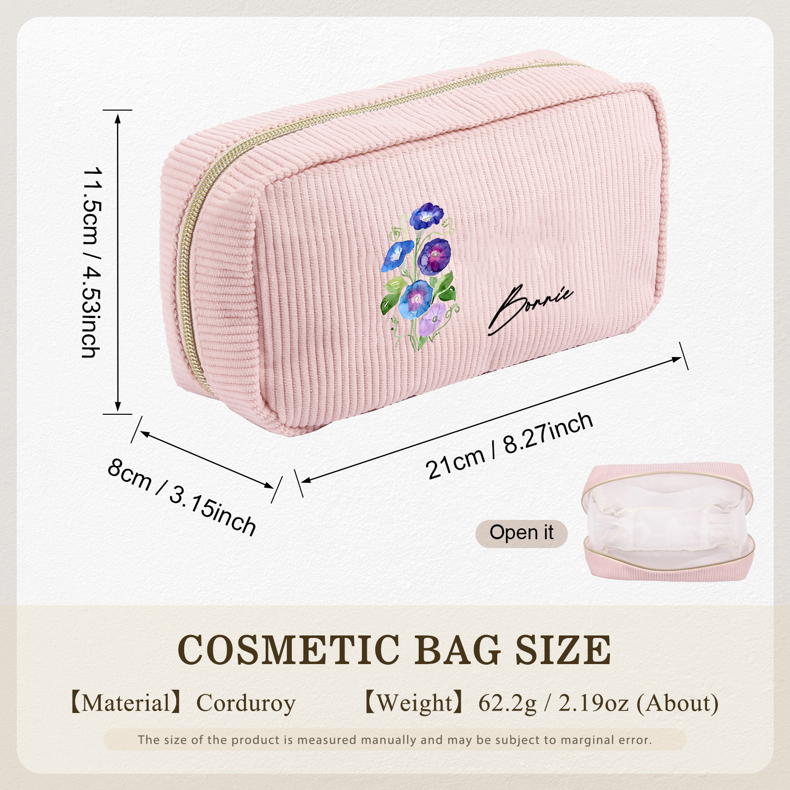 Borsa portabile per cosmetici in velluto a coste 1 nome e 1 fiore di nascita personalizzato multicolori da scegliere