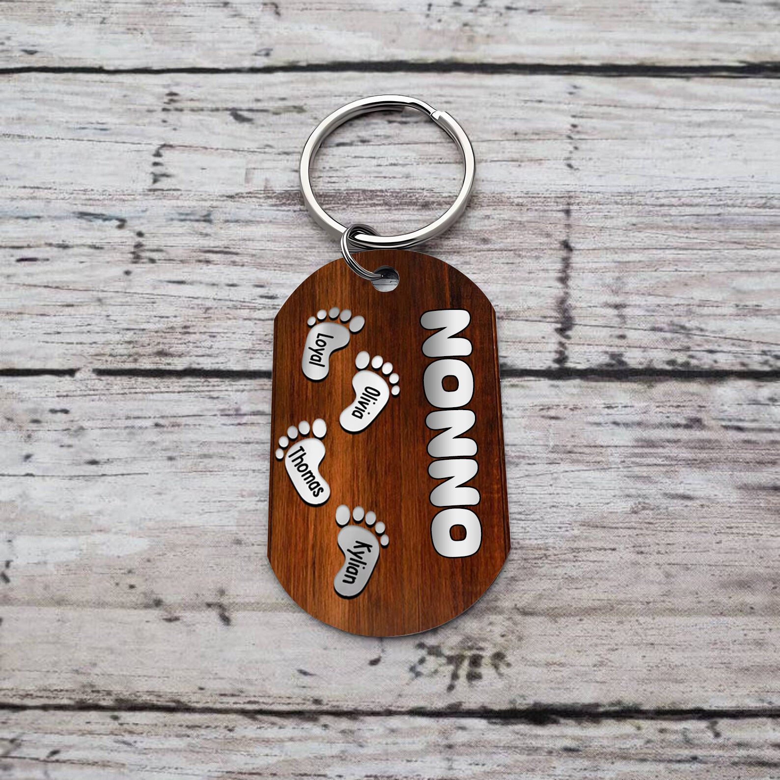 Nonno-Portachiavi con piedino 4 nomi e 1 testo personalizzati regalo per papà/nonno