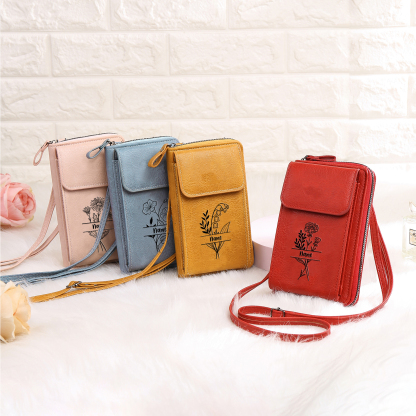 Borsa con tracolla in PU pelle con 1 nome & 1 fiore di nascita personalizzati per donna