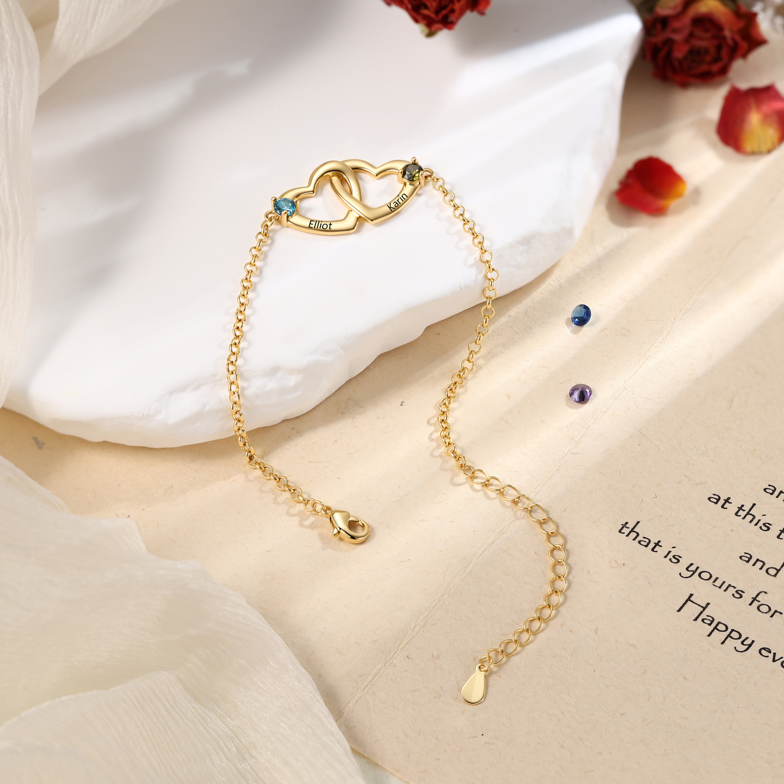 Bracciale Cuori intrecciati personalizzato con 2 nomi e pietre di nascita da donna