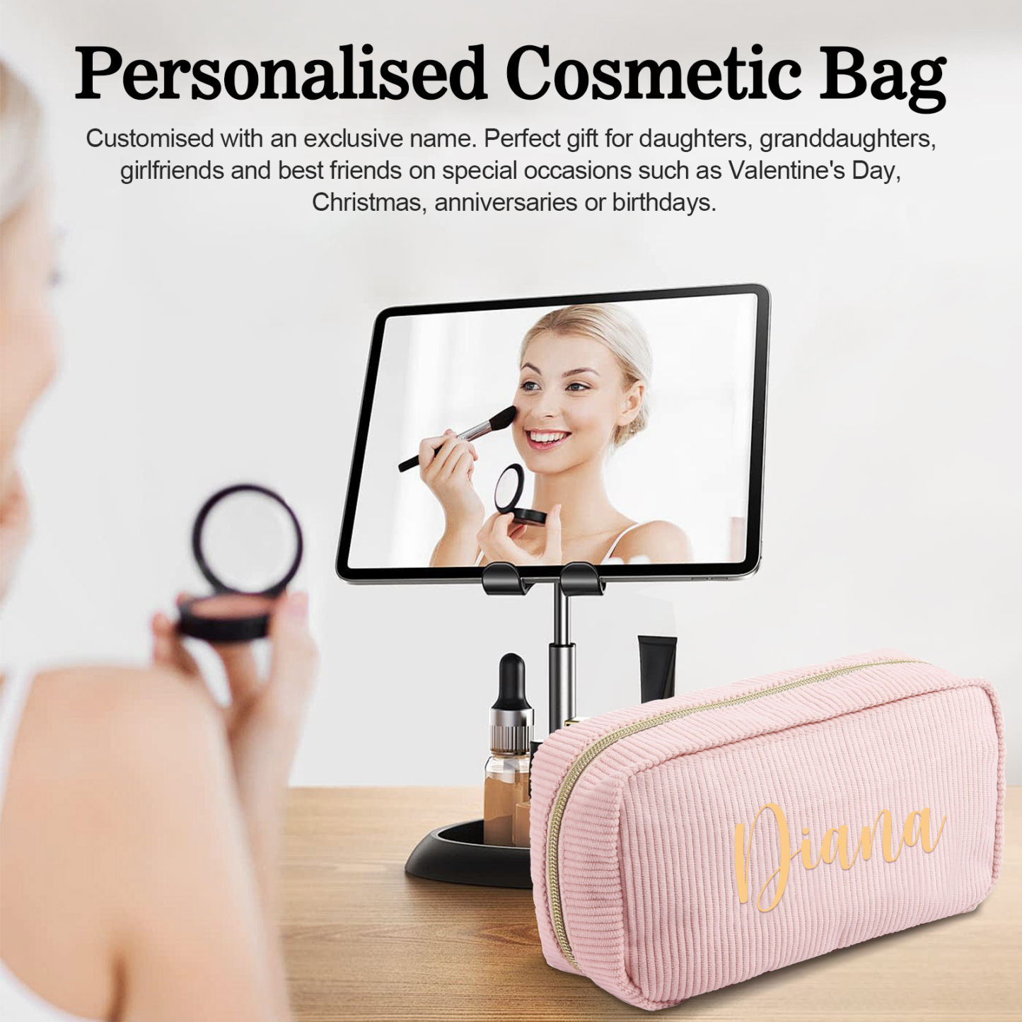 Borsa per cosmetici in velluto a coste per donna 1 nome personalizzato regalo per donna