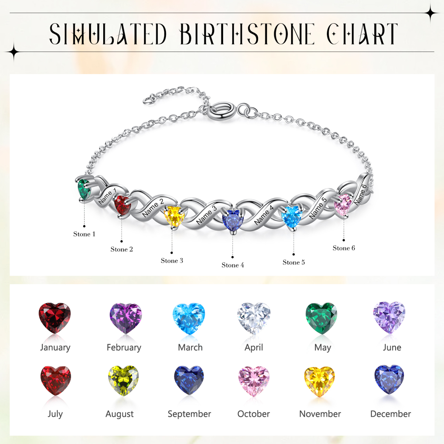 Festa della Mamma Braccialetto personalizzato con 6 nomi e 6 cuore pietre di nascita regalo per donna