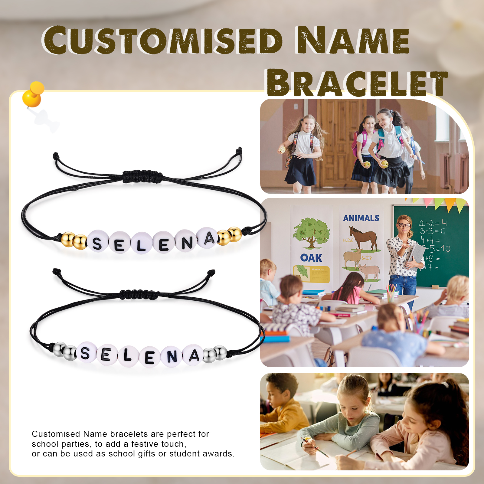 2PCS Braccialetto con perline di 2 nomi personalizzato regalo per scuola