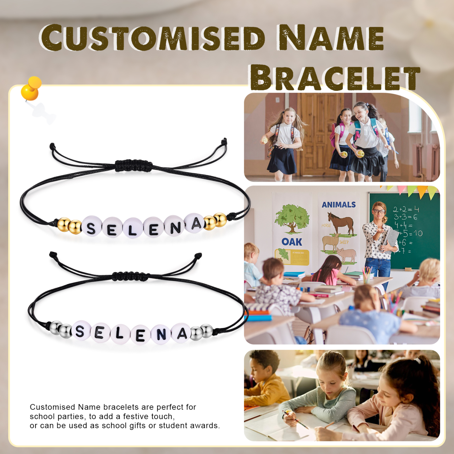 2PCS Braccialetto con perline di 2 nomi personalizzato regalo per scuola