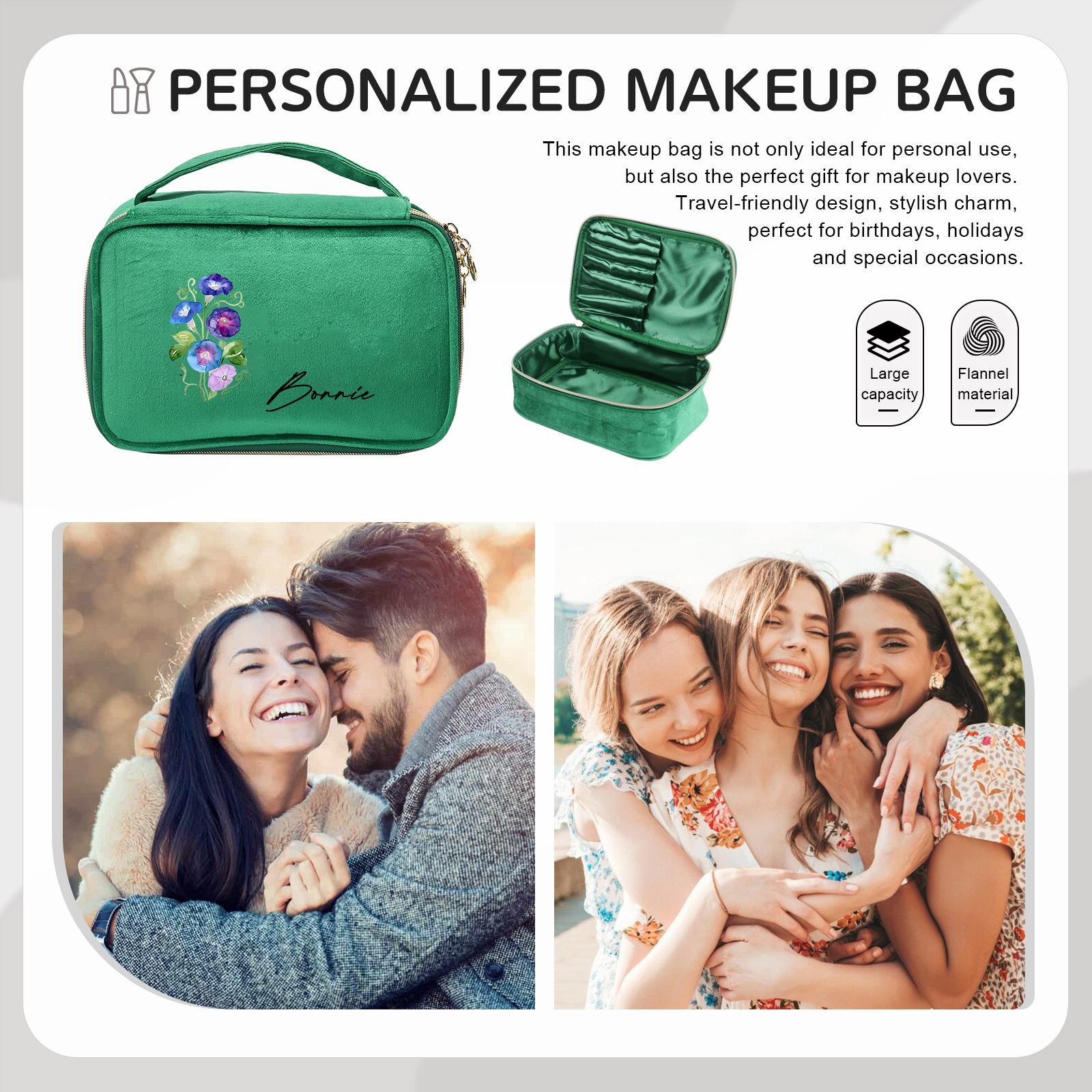 Borsa portabile per cosmetici in flanella per donna 1 nome e 1 fiore di nascita personalizzato multicolori da scegliere
