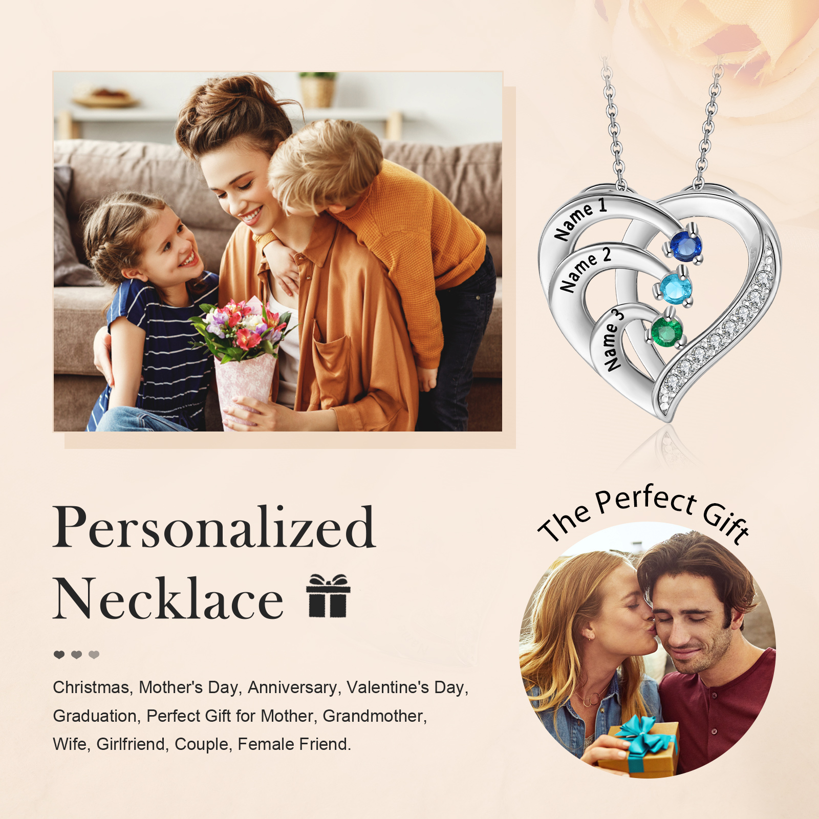 Argento S925 Collana con 3 nomi personalizzati e 3 pietre di nascita in ciondolo a cuore