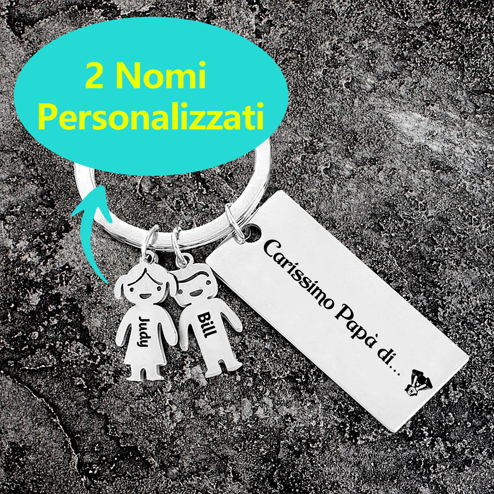 Portachiavi Personalizzato per Uomo - Incisione di 2 Nomi e Sagoma Bambino/Bambina - Idea Regalo per Papà, Nonni, Mariti  | Jessemade