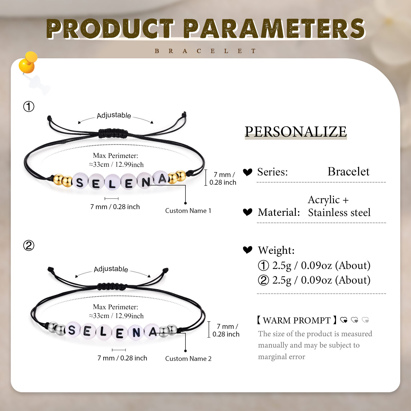 2PCS Braccialetto con perline di 2 nomi personalizzato regalo per scuola