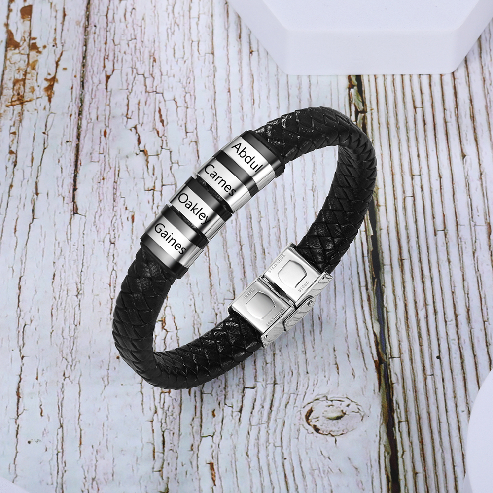 Braccialetto in pelle intrecciata Bracciale maschile con 4 perline e 4 nomi personalizzati