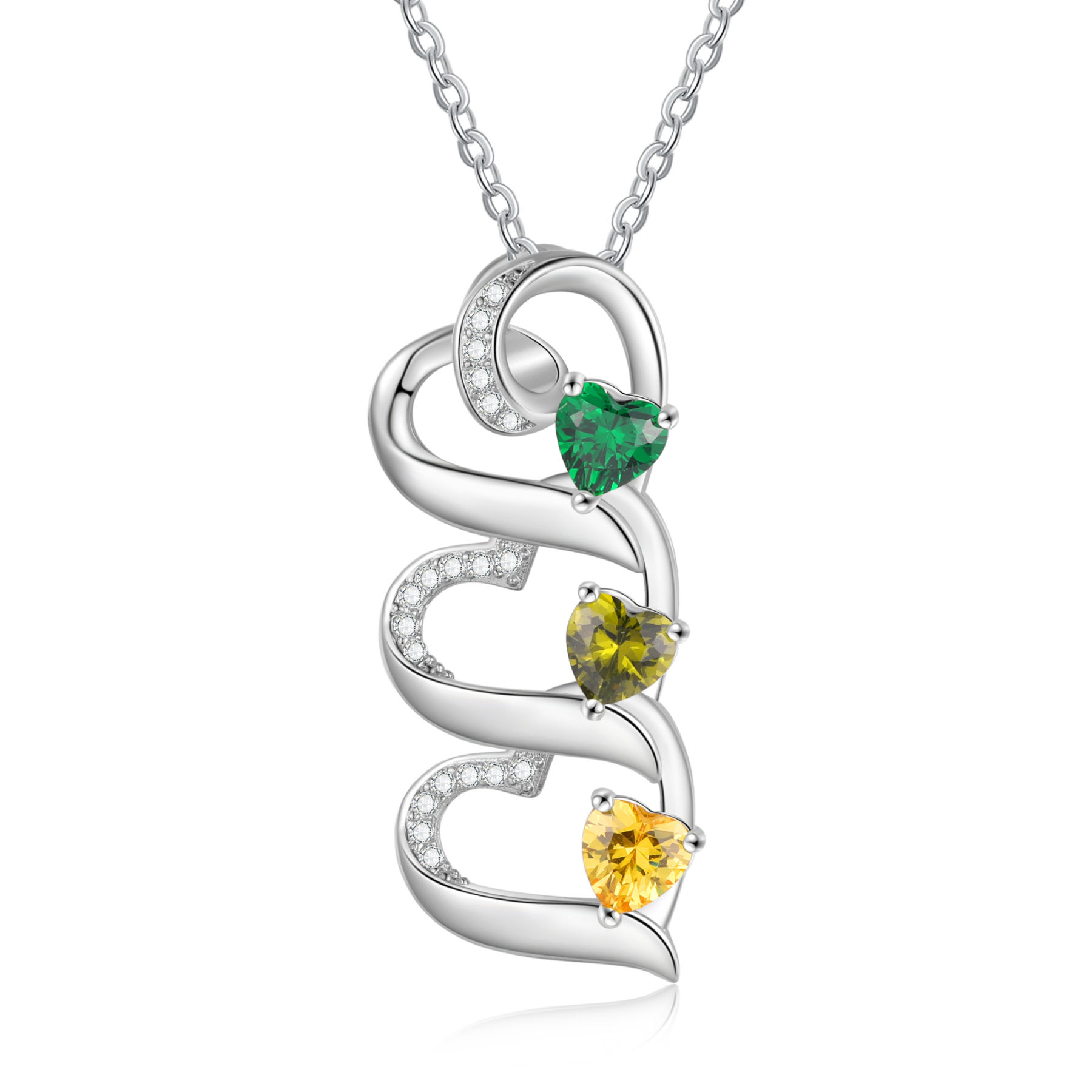 Personalised Heart Necklace with Custom 3 Names & 3 Birthstones – 925 Sterling Silver Triple Heart Design – Special Gift for Her | Jessemade