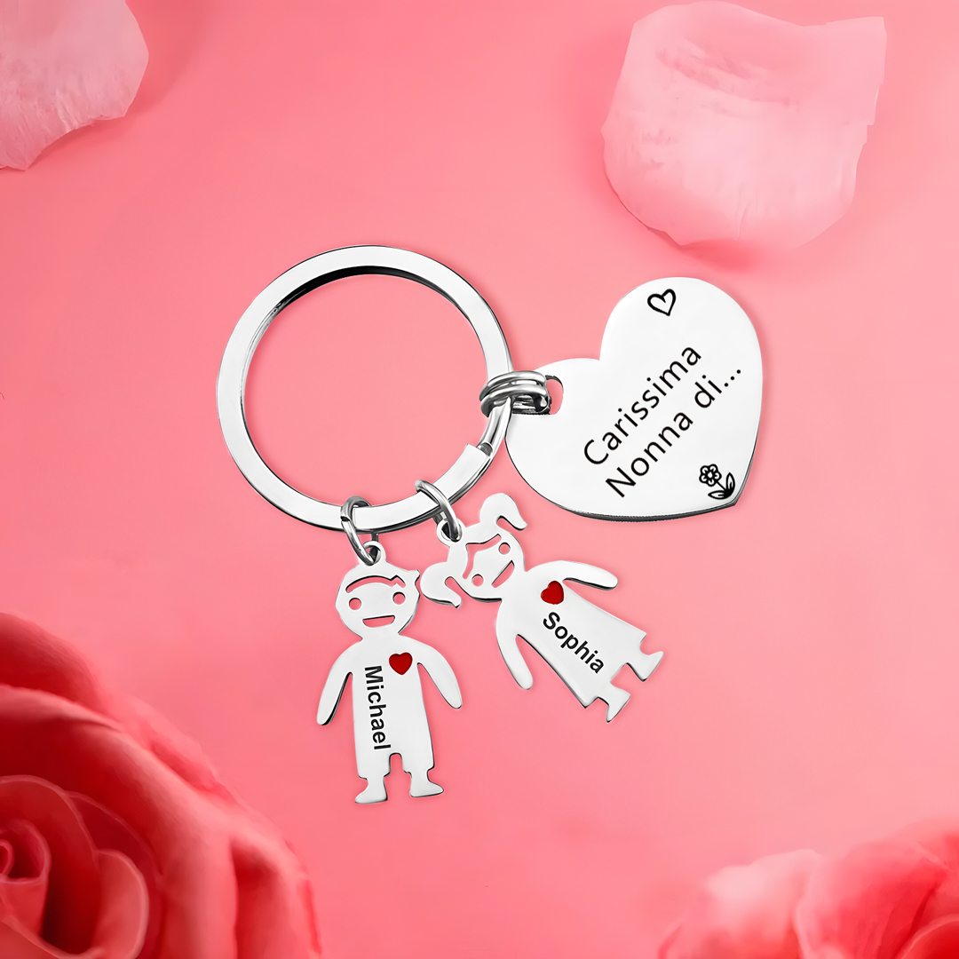 Portachiavi a cuore con ciondolo bambino 2 nomi regalo per nonna festa dei nonni famiglia riunione