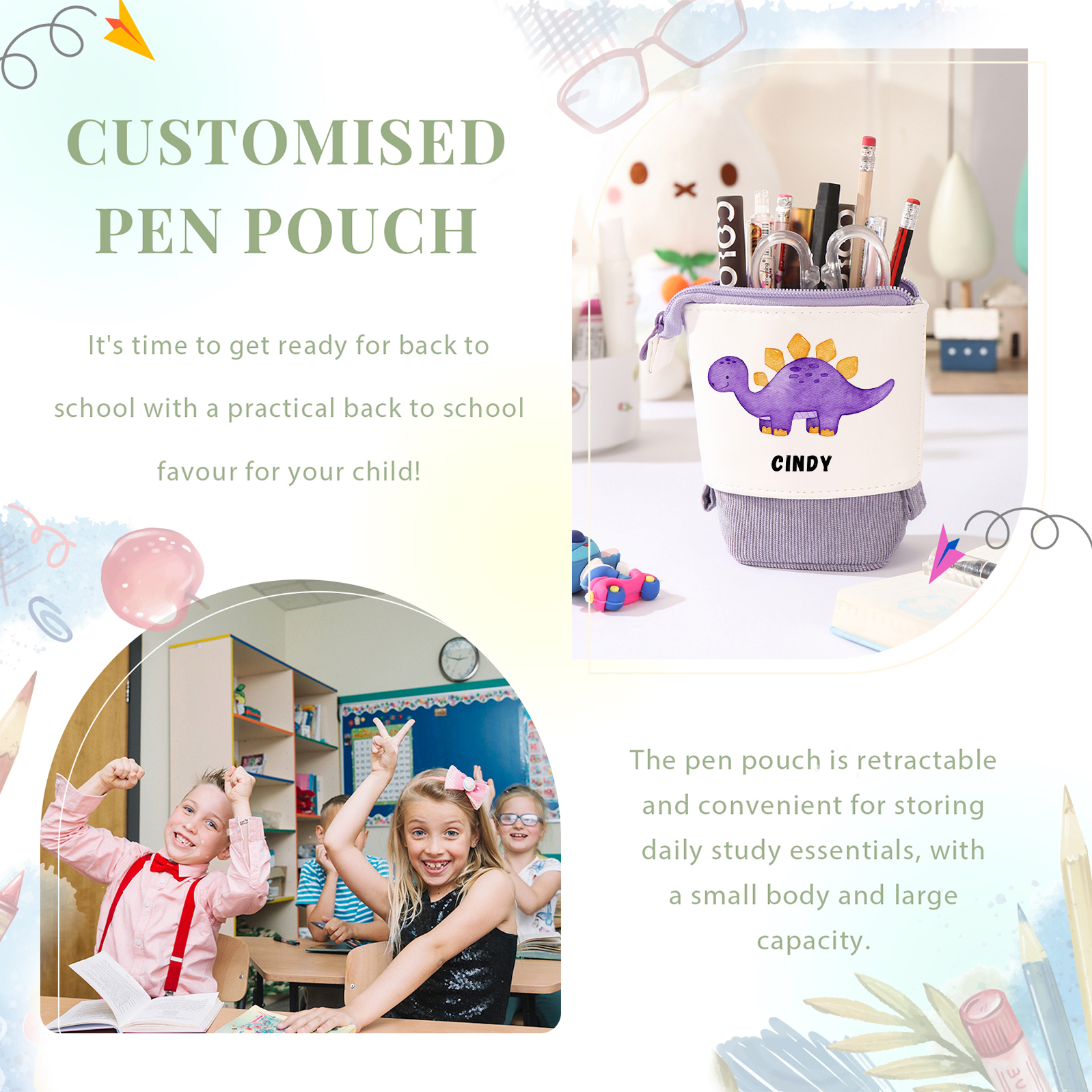 Astuccio per matite personalizzato con 1 nome e 1 dinosauro regalo per scuola elementare bambini