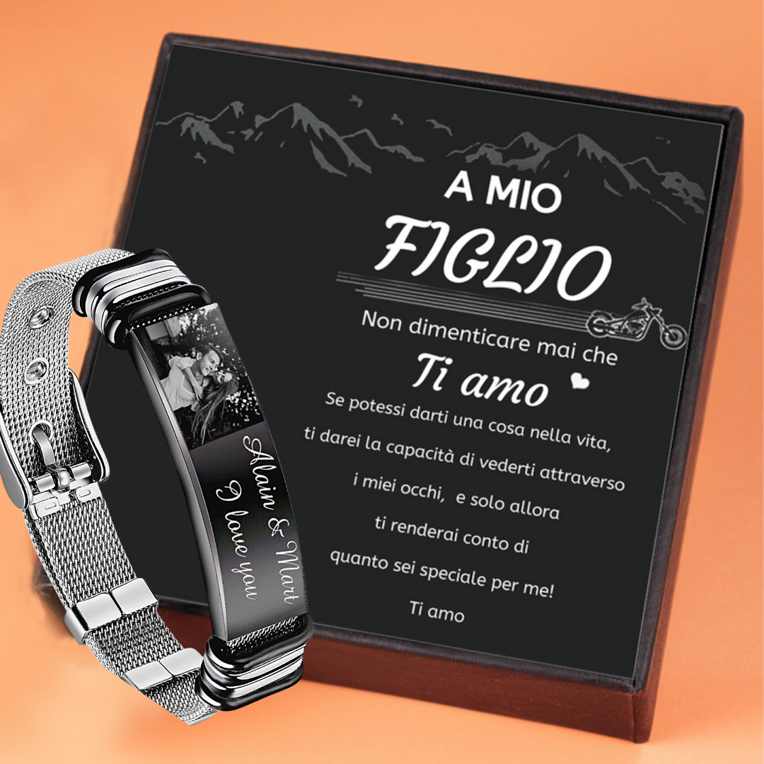 A MIO FIGLIO - Braccialetto maschile personalizzato con 2 testi e foto