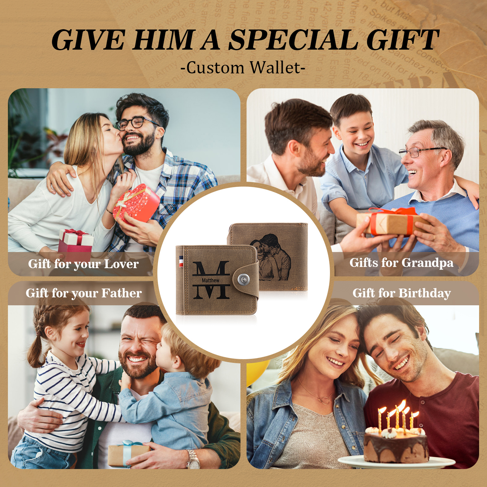 Portafoglio in PU pelle da uomo 1 nome 1 lettera e 1 foto personalizzabili regalo per uomo