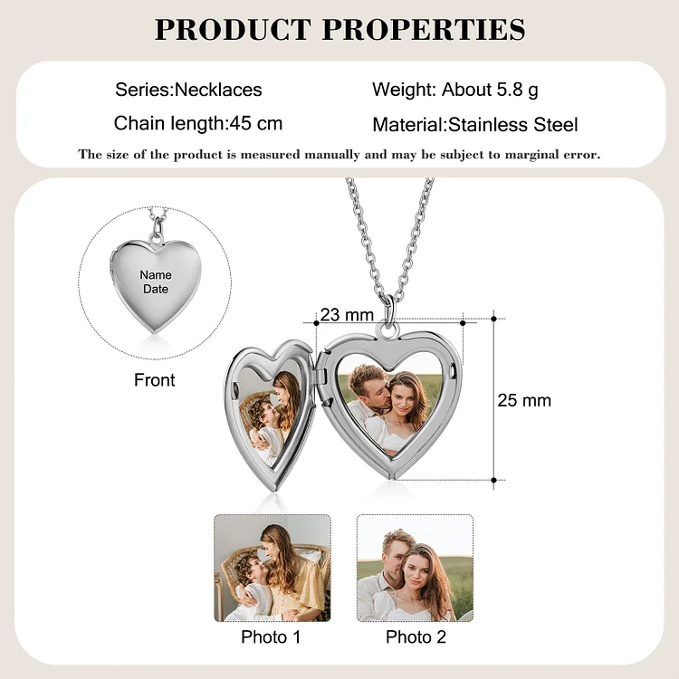 Collana acciaio inox con un ciondolo di cuore 1 foto 1 nome e 1 data personalizzabili per coppia