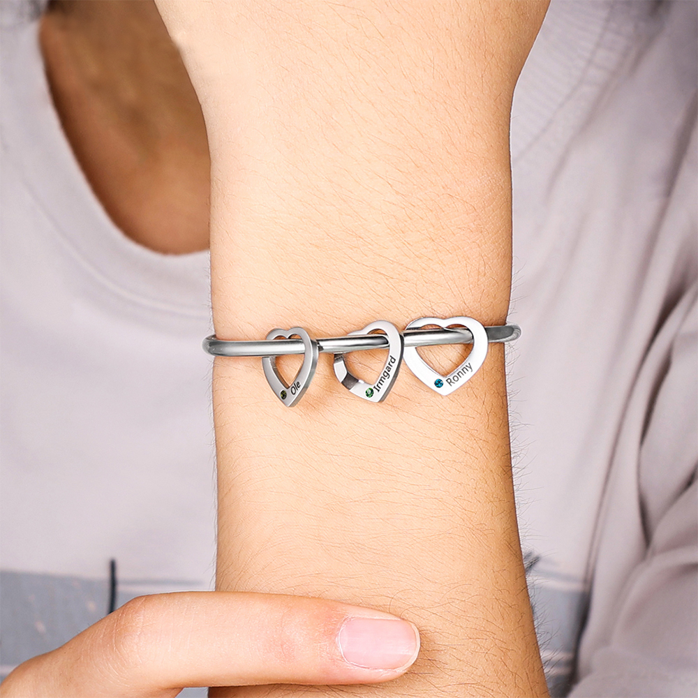 5 Names-Personalized Heart Bracelet With 5 Birthstones Bangle Engraved Names Bracelet Gift For Women