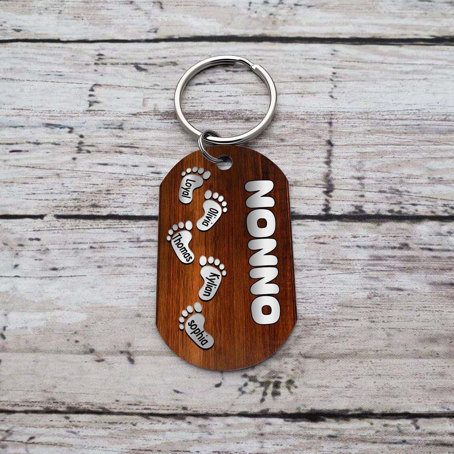 Jessemade IT Papà/Nonno-Portachiavi con piedino 5 nomi e 1 testo personalizzati regalo per papà/nonno