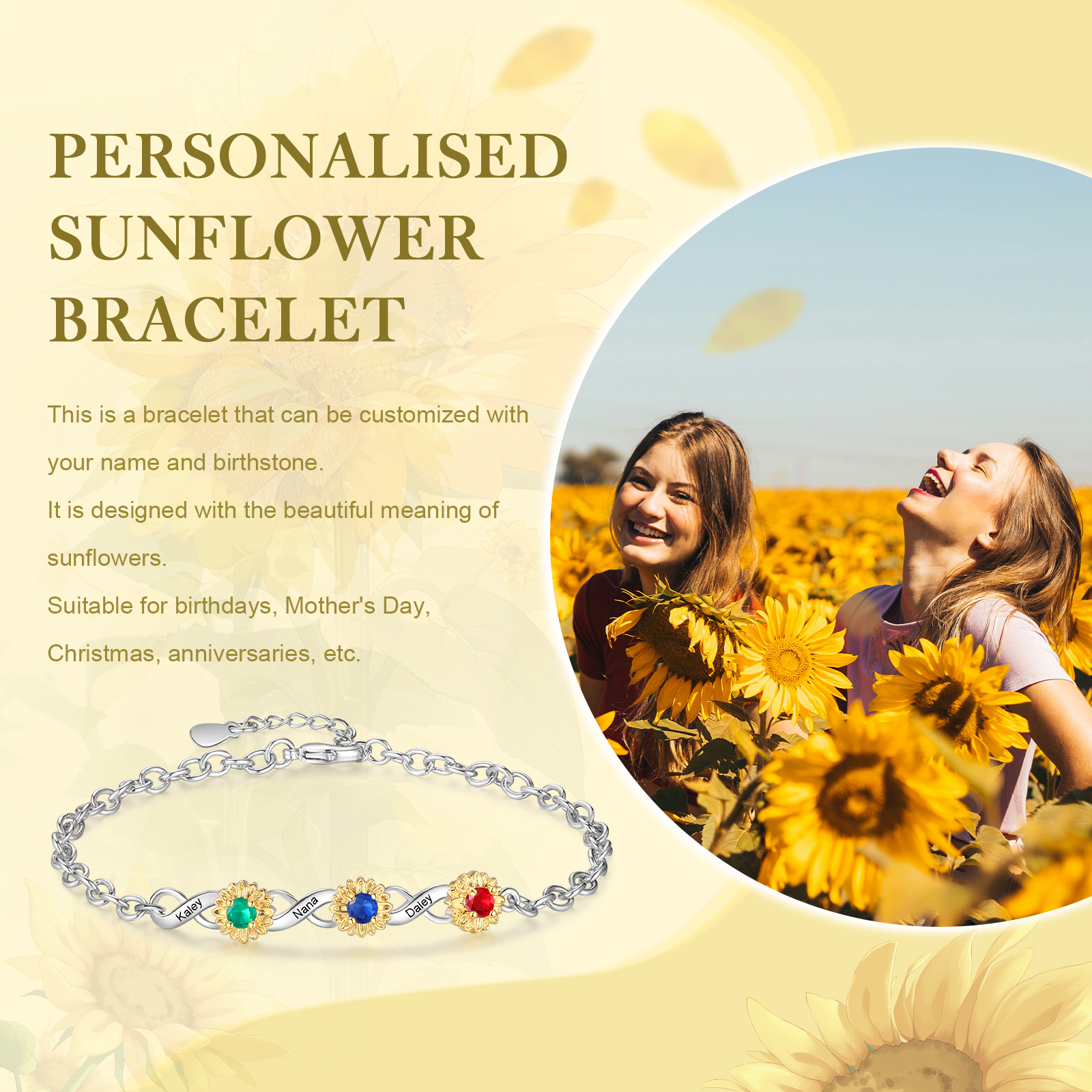 Braccialetto infinito con girasole personalizzato con 3 nomi e 3 pietre di nascita per donna