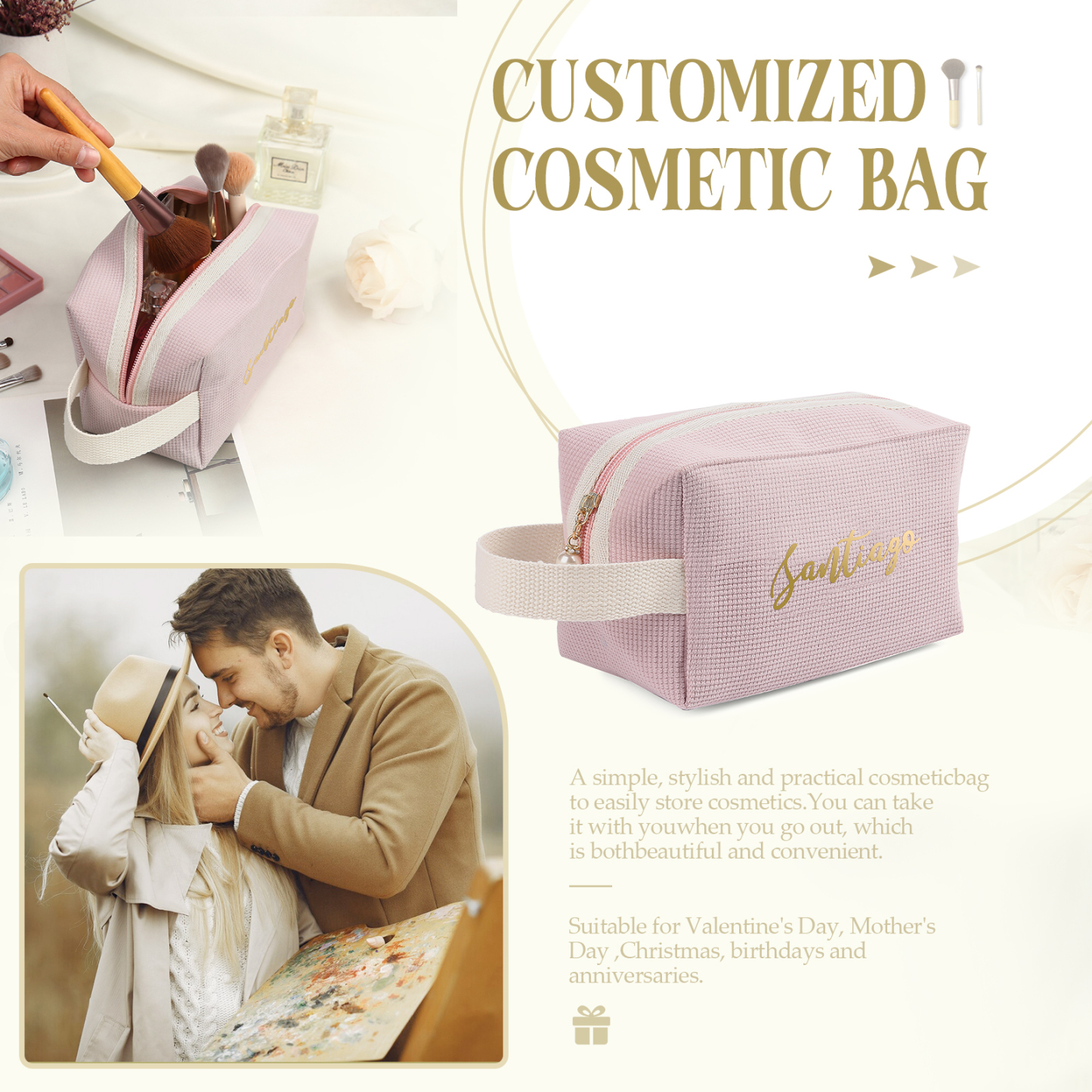 Borsa portabile per cosmetici in velluto a coste per donna 1 nome personalizzato regalo per donna