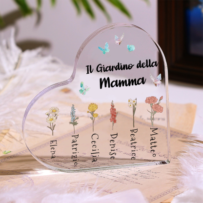 Targa acrilica personalizzata a forma di cuore - giardino della mamma - con 1-6 nomi e fiori di nascita - Regalo per la mamma