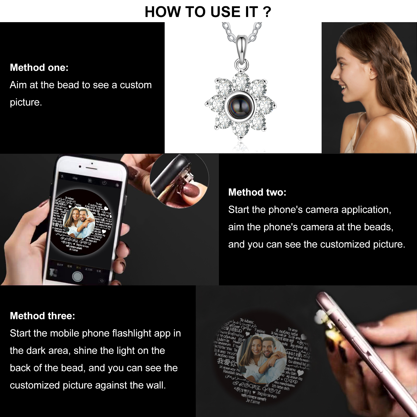 Collana girasole con proiezione di foto personalizzabile per donna