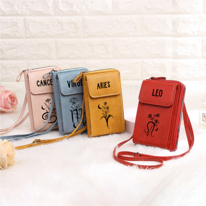 Borsa con tracolla in PU pelle con 1 nome & 1 fiore di nascita personalizzati per donna