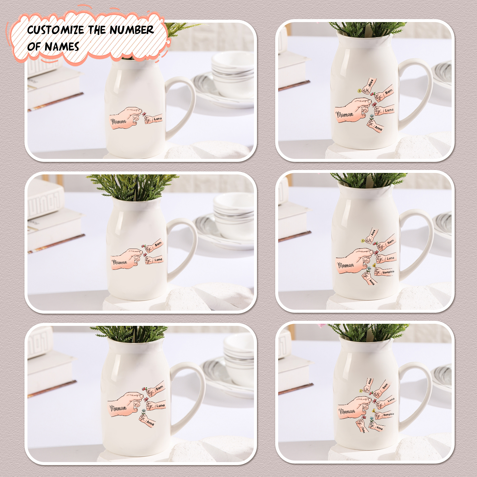 Vaso di ceramica con mano passando il fiore 2 nomi personalizzati per nonna/mamma